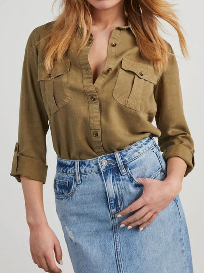 Chic collared denim top with roll-tab sleeves