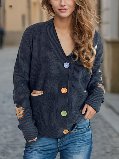 Contrast Button V-Neck Long Sleeve Cardigan