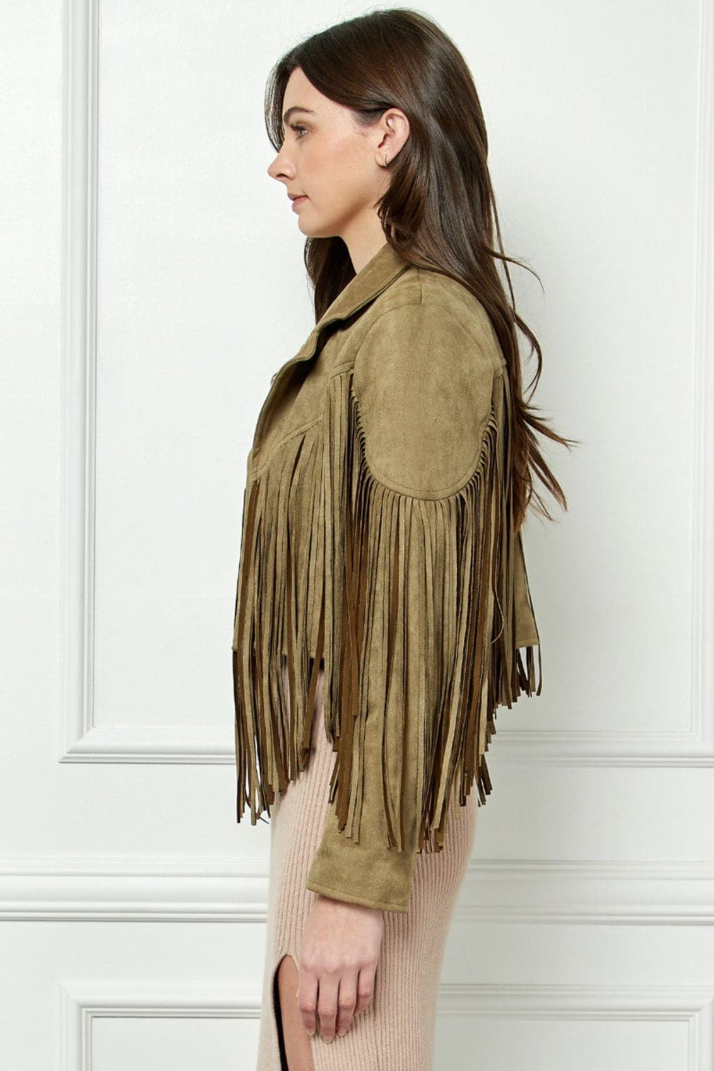 Veveret Suede Fringe Long Sleeve Moto Jacket.