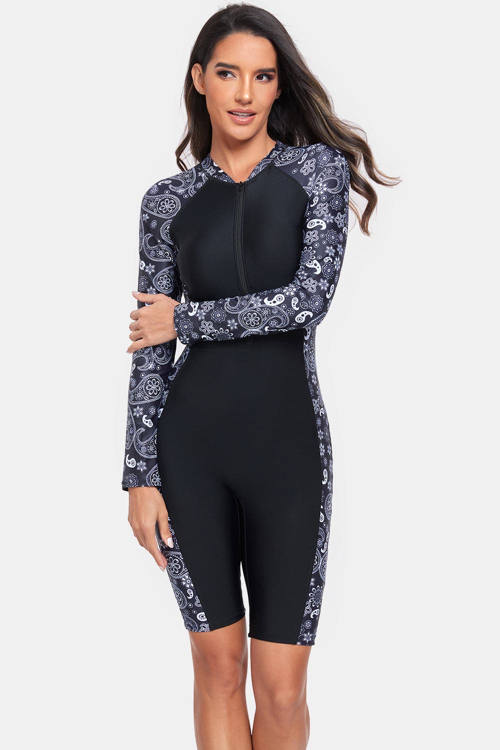 Printed Half Zip Long Sleeve One-Piece Swimwear.