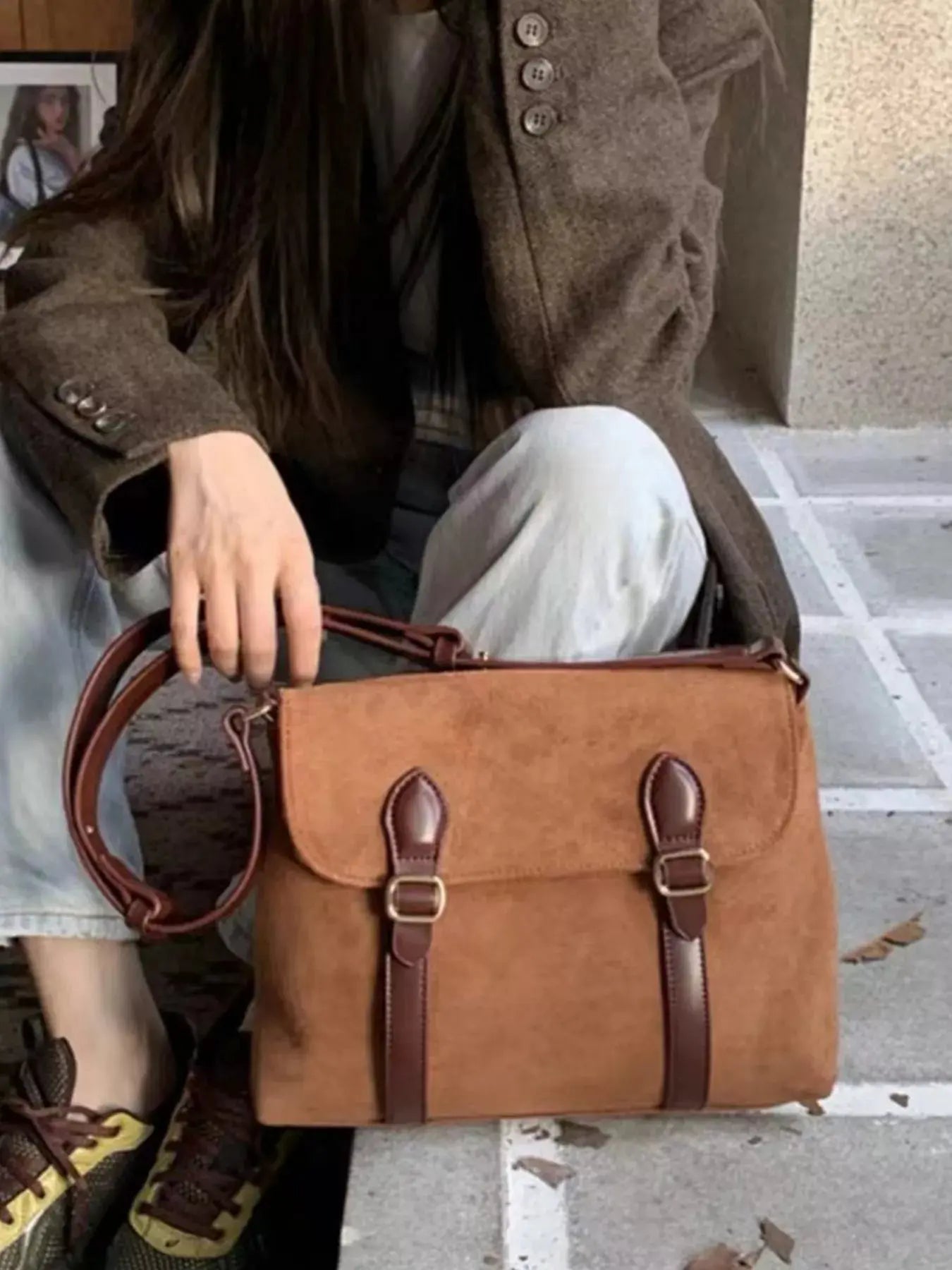 Tan Suede Double Buckle Crossbody Bag With Adjustable Straps Simply Love