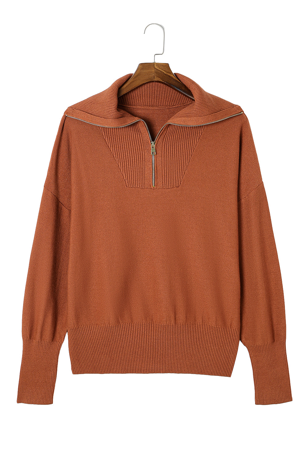 Chic brown zip collar sweater with ribbed trim for plus sizes