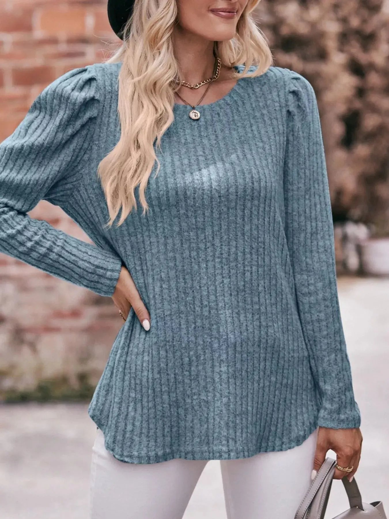 Ribbed Knit Puff Sleeve T-Shirt Simply Love