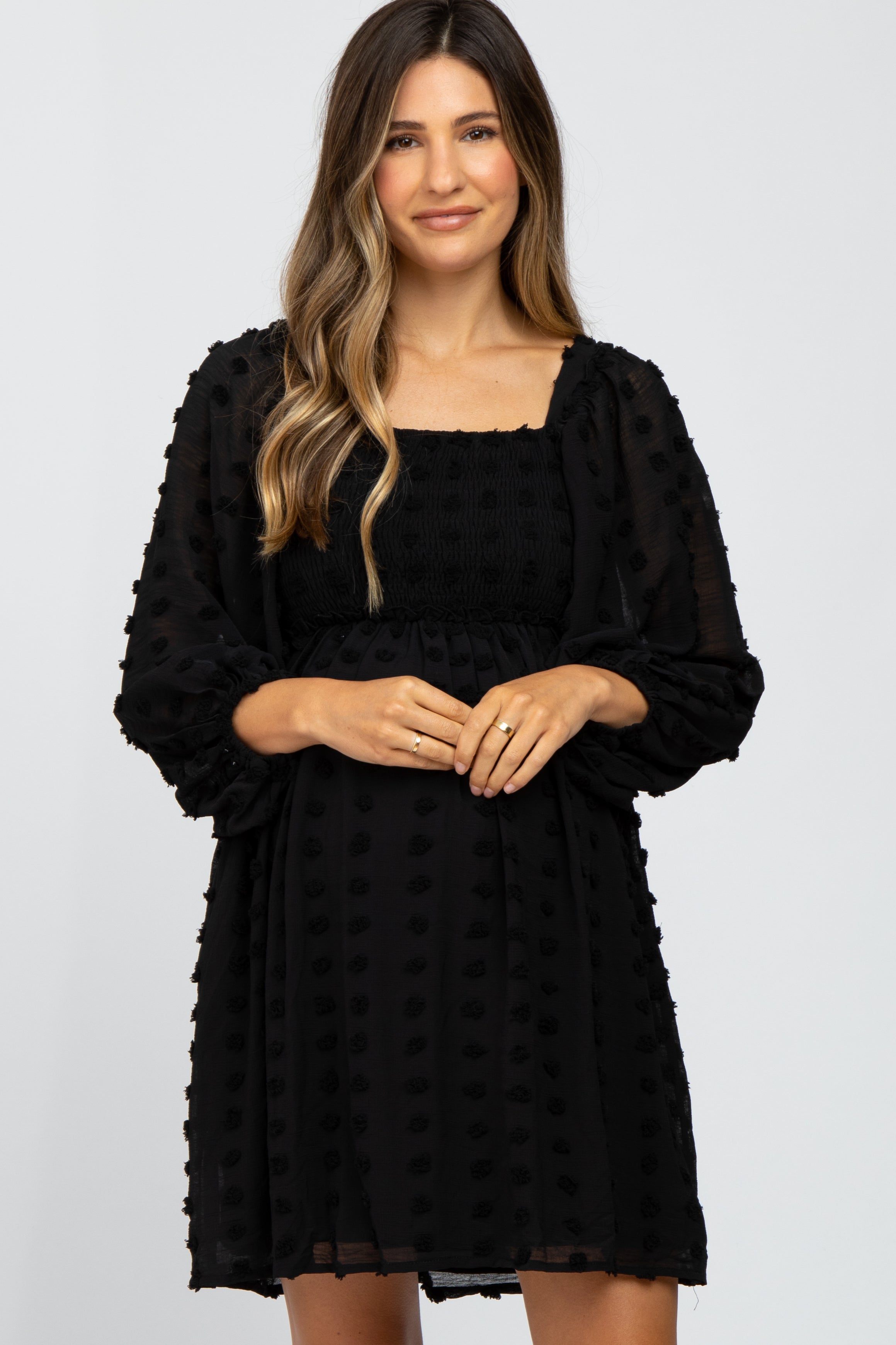 Black Textured Dot Smocked Square Neck Chiffon Maternity Dress PinkBlush