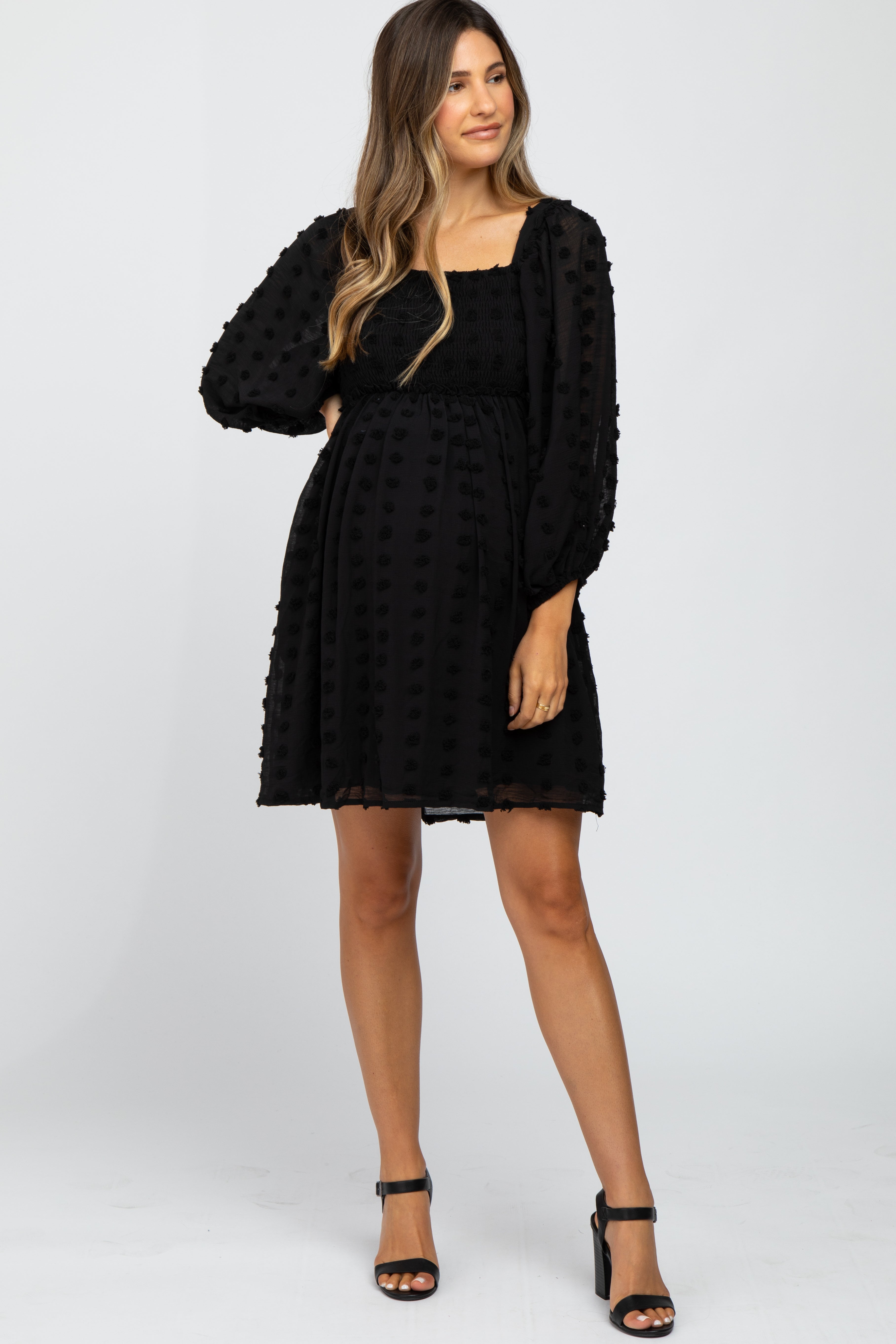 Black Textured Dot Smocked Square Neck Chiffon Maternity Dress PinkBlush