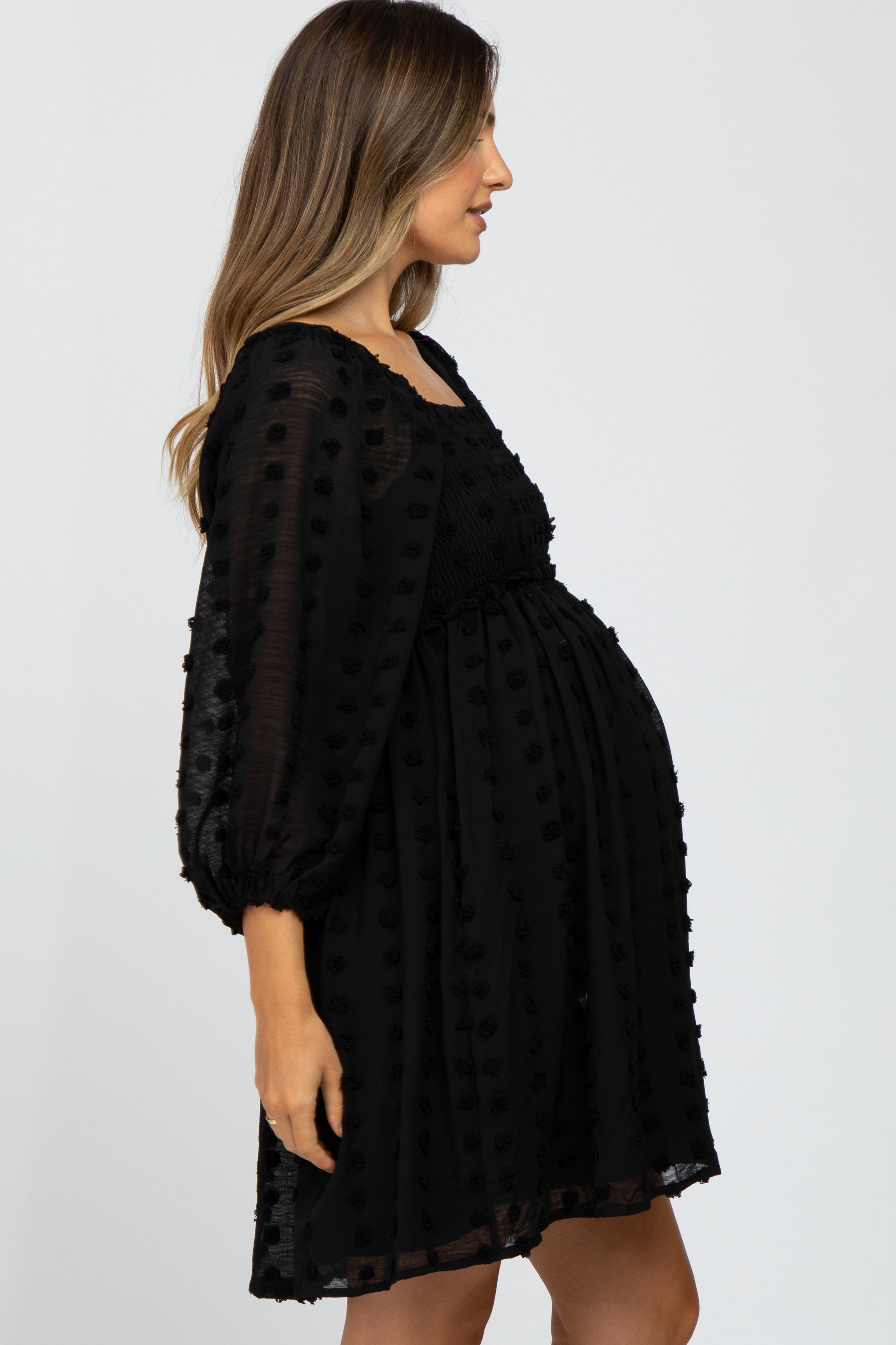 Black Textured Dot Smocked Square Neck Chiffon Maternity Dress PinkBlush