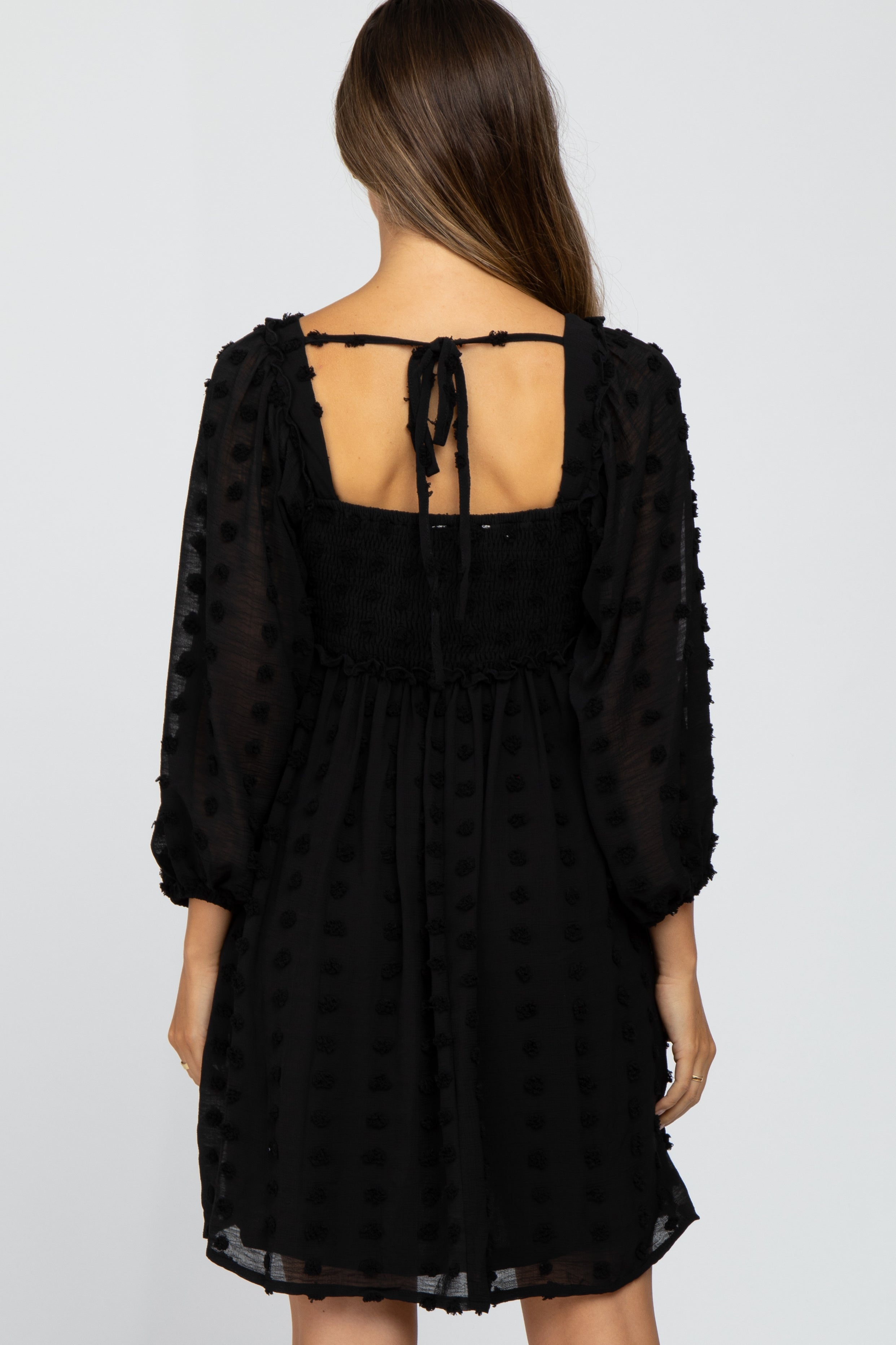 Black Textured Dot Smocked Square Neck Chiffon Maternity Dress PinkBlush