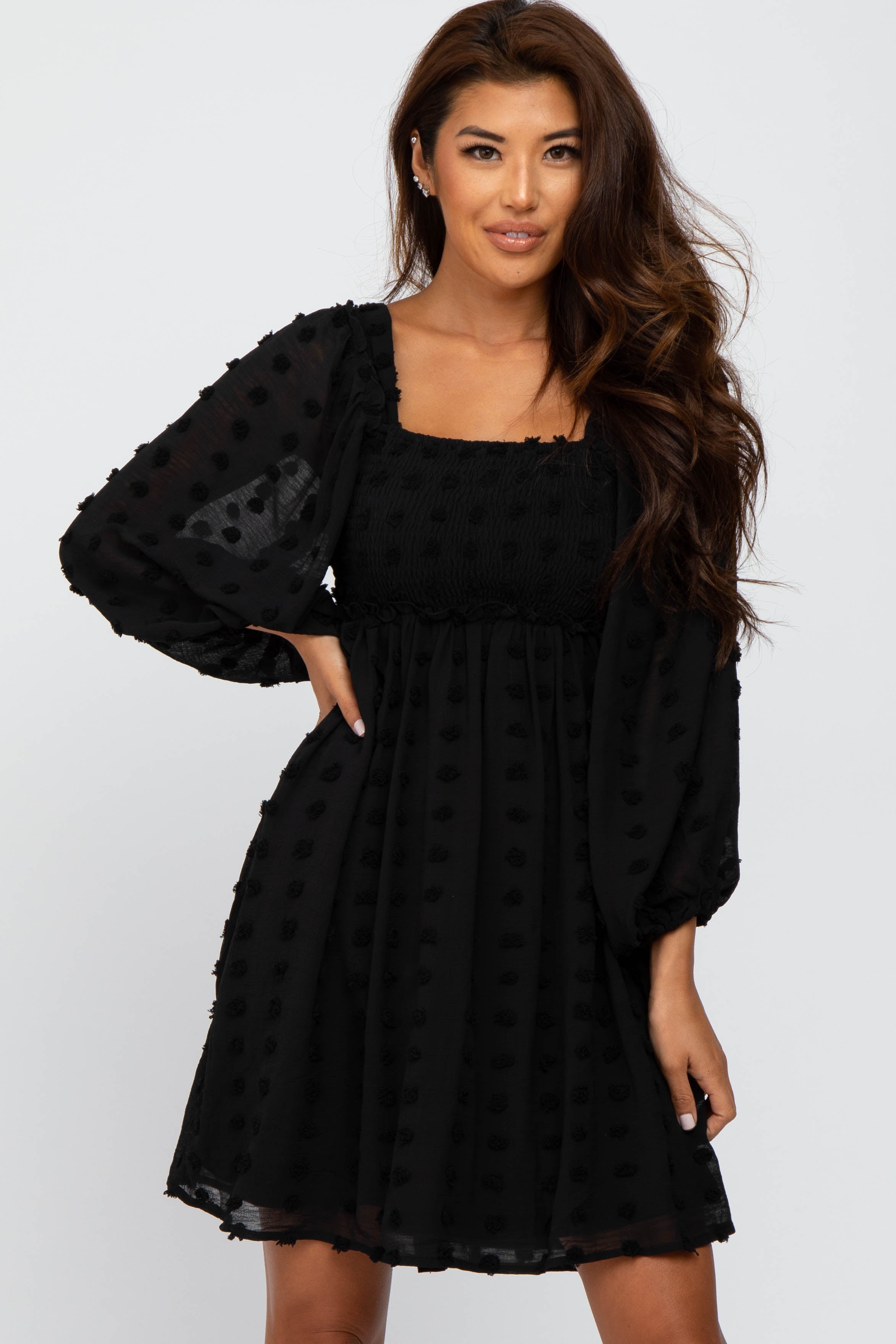 Black Textured Dot Smocked Square Neck Chiffon Maternity Dress PinkBlush