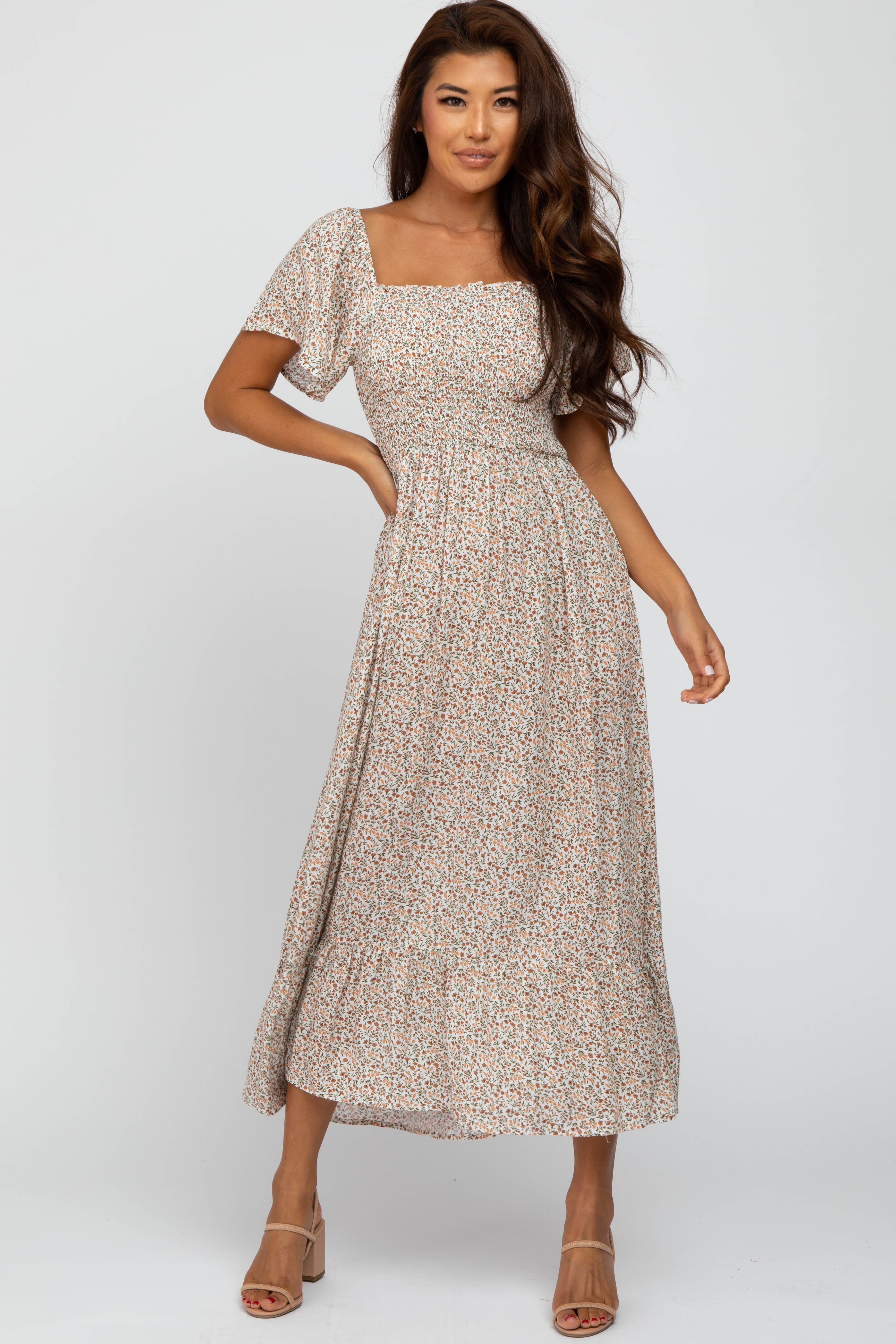 Ivory Floral Smocked Maxi Dress PinkBlush