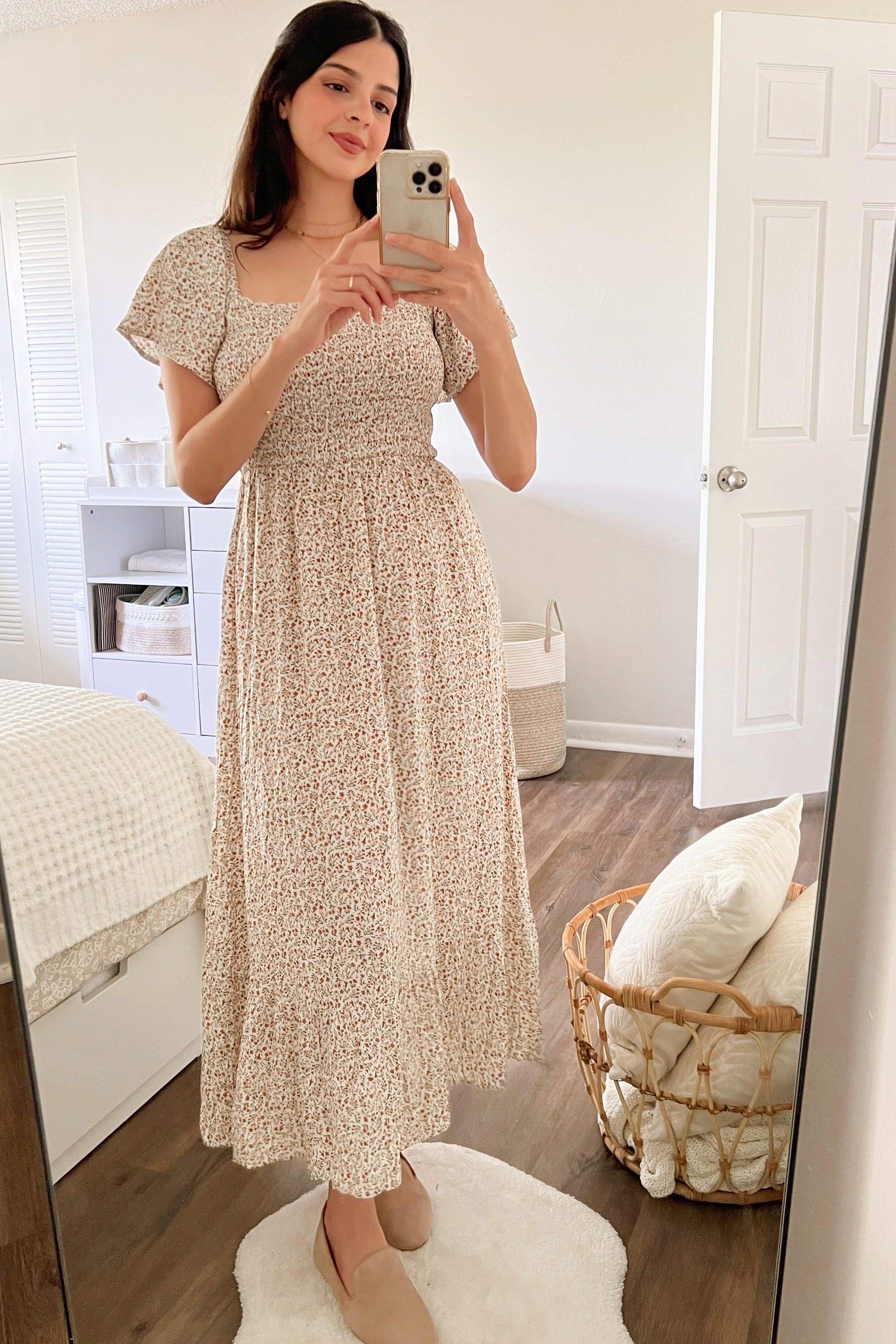 Ivory Floral Smocked Maxi Dress PinkBlush