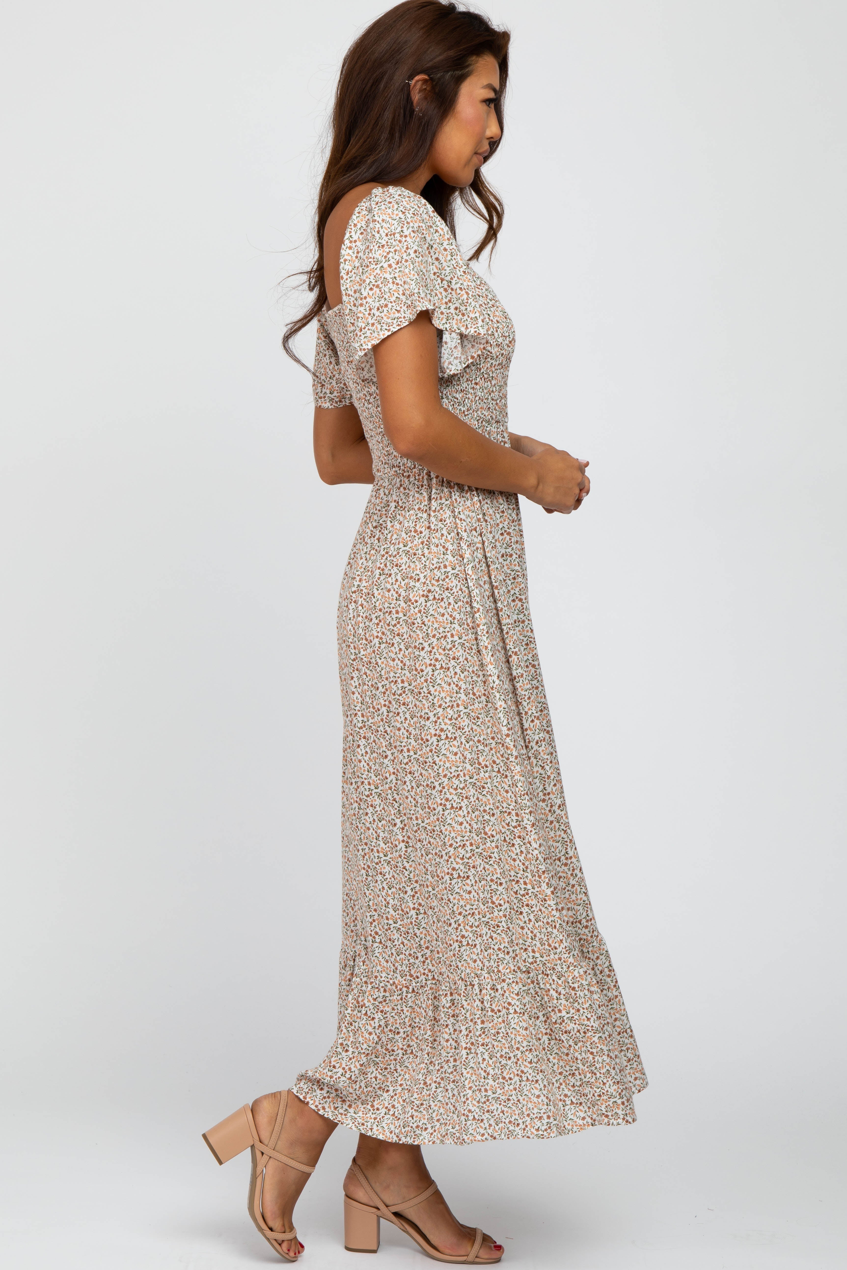 Ivory Floral Smocked Maxi Dress PinkBlush