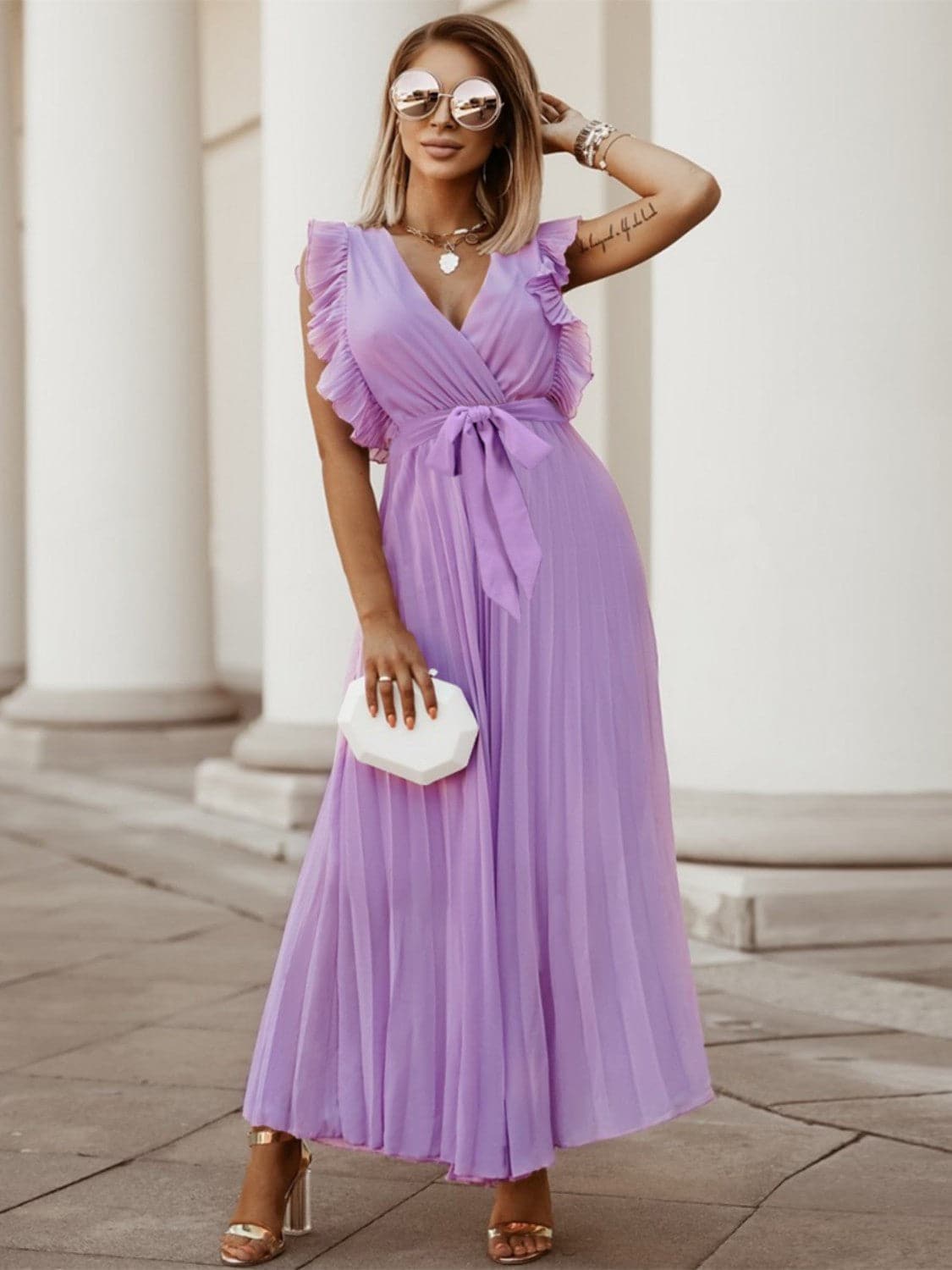 Tied Surplice Cap Sleeve Pleated Dress.