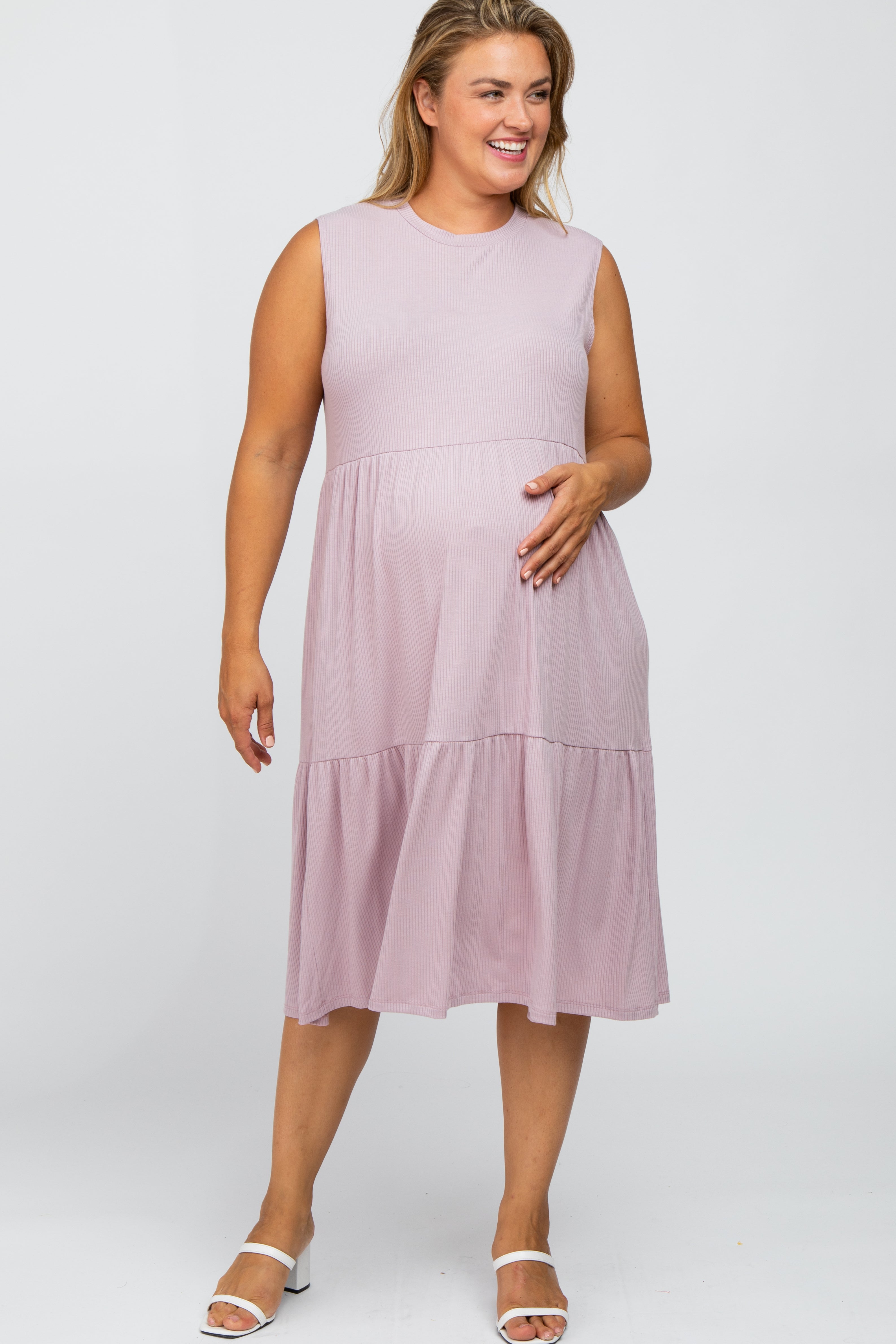 Lavender Ribbed Sleeveless Plus Maternity Midi Dress PinkBlush