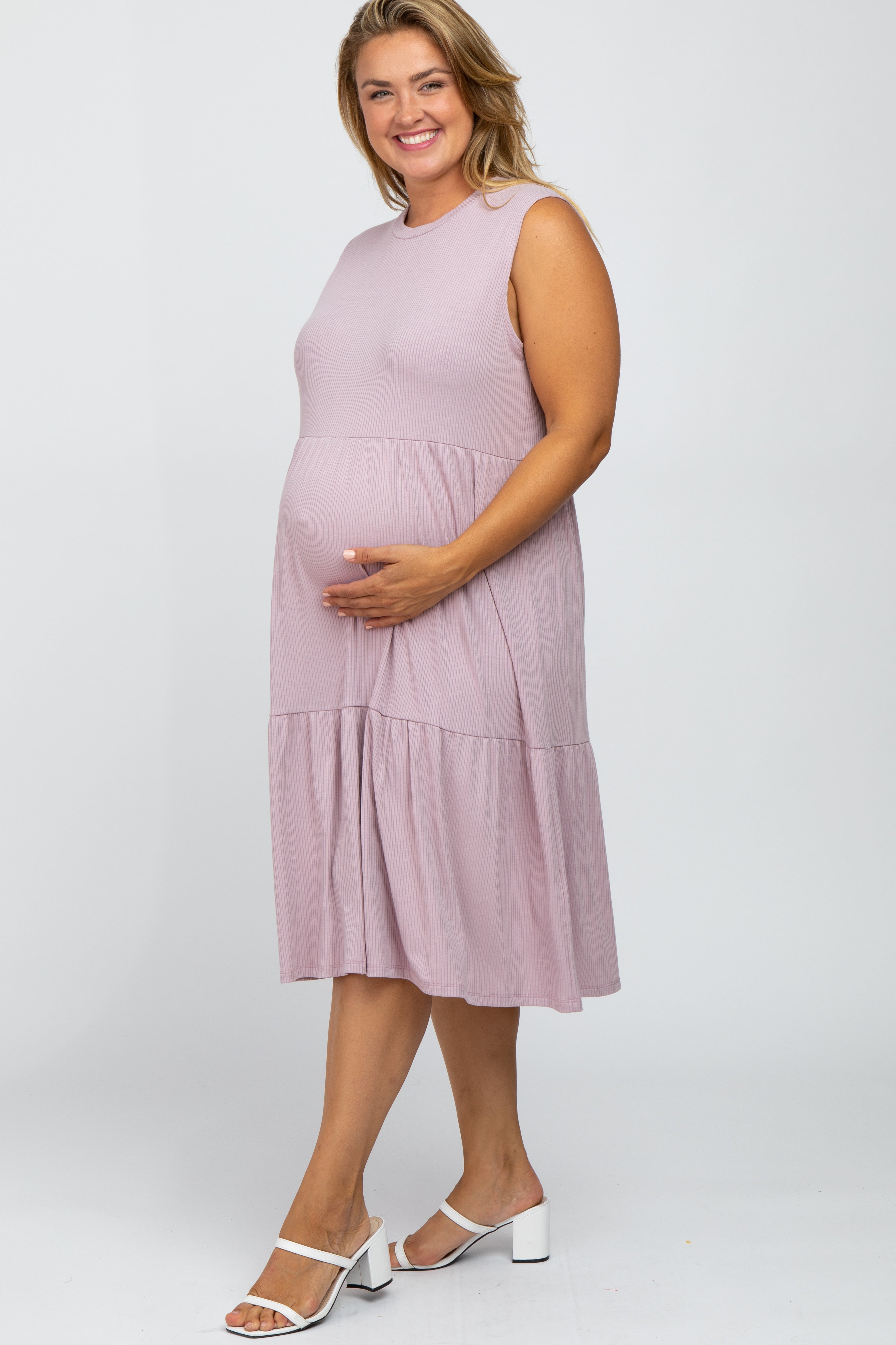 Lavender Ribbed Sleeveless Plus Maternity Midi Dress PinkBlush