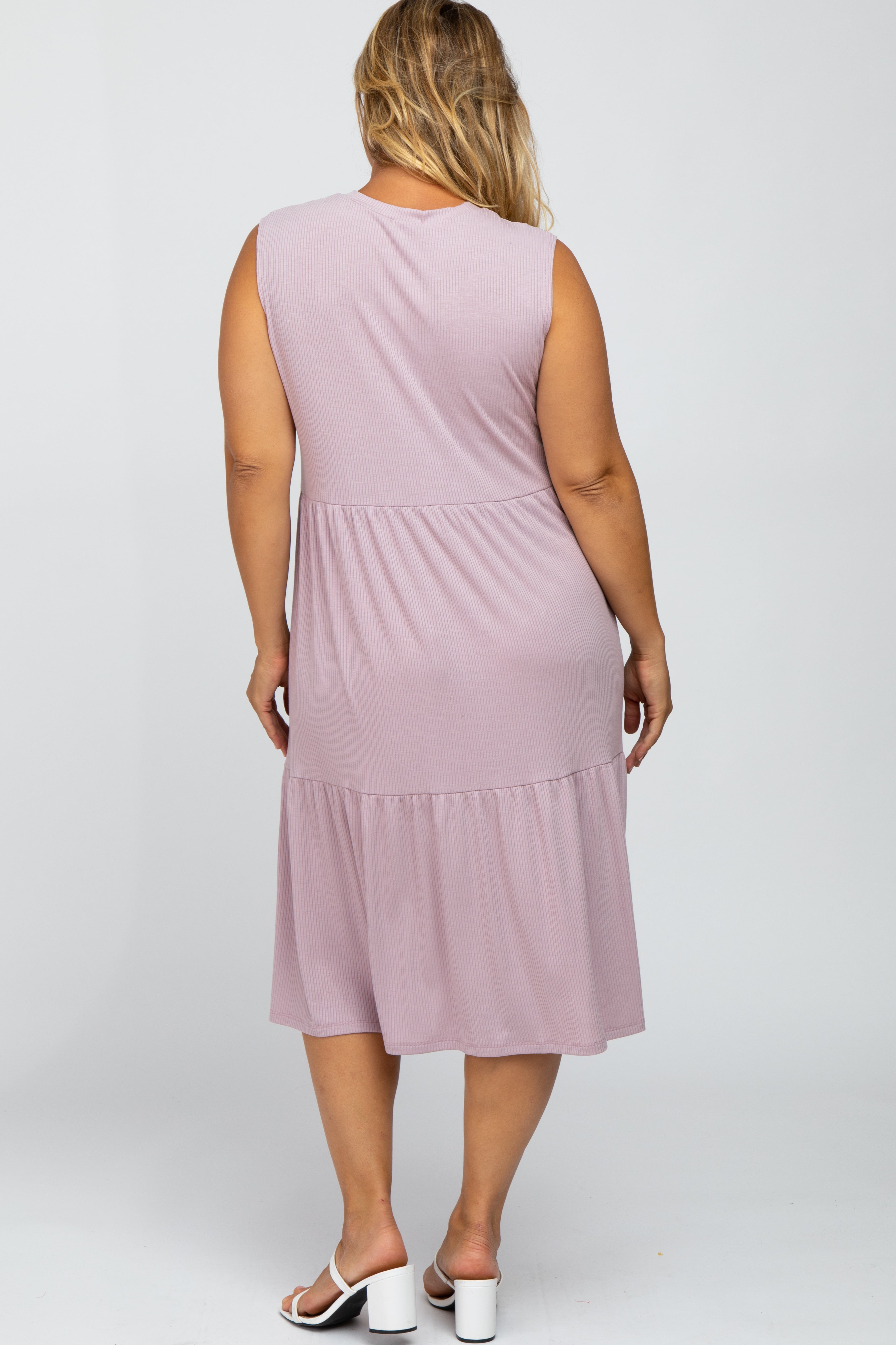 Lavender Ribbed Sleeveless Plus Maternity Midi Dress PinkBlush