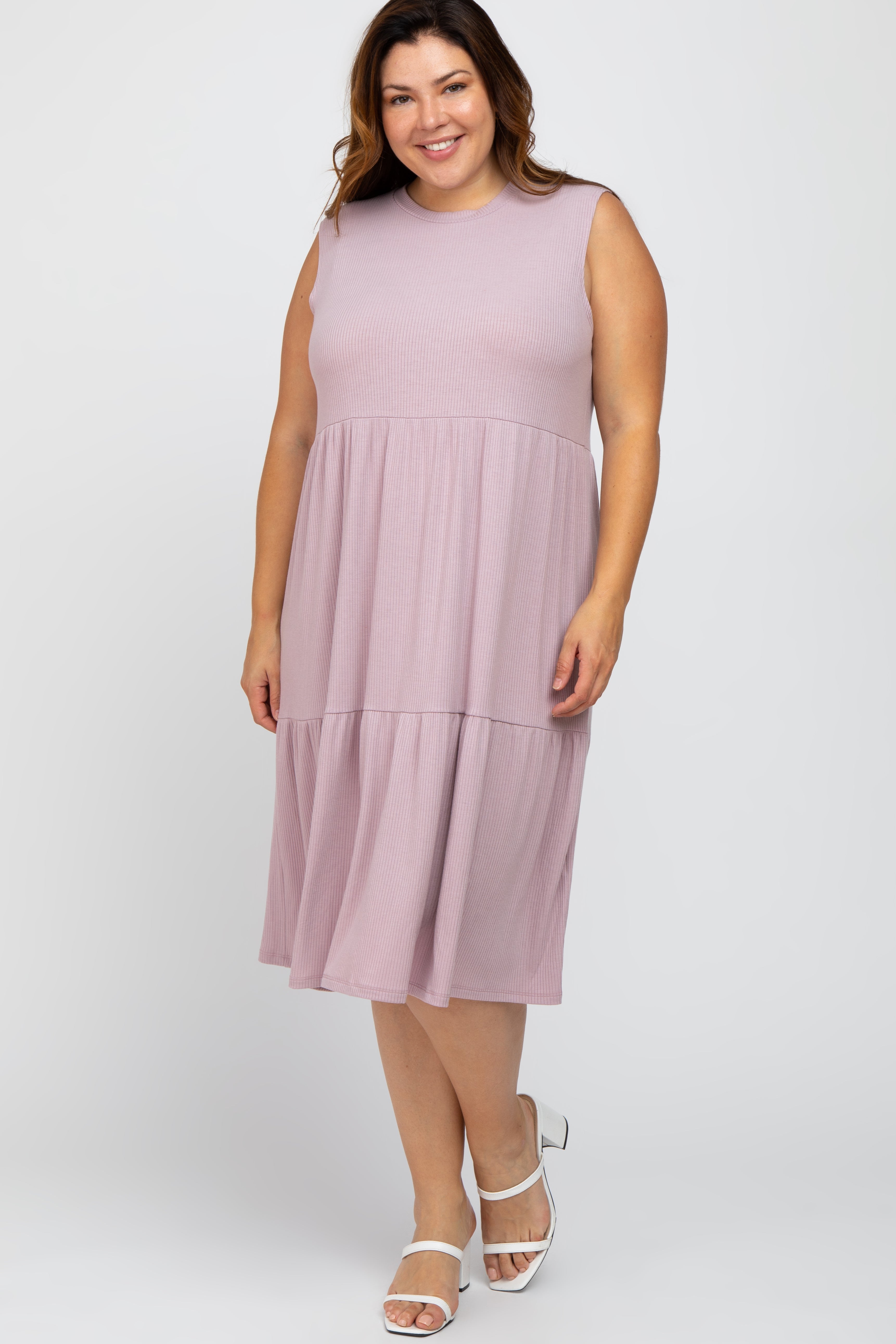 Lavender Ribbed Sleeveless Plus Maternity Midi Dress PinkBlush
