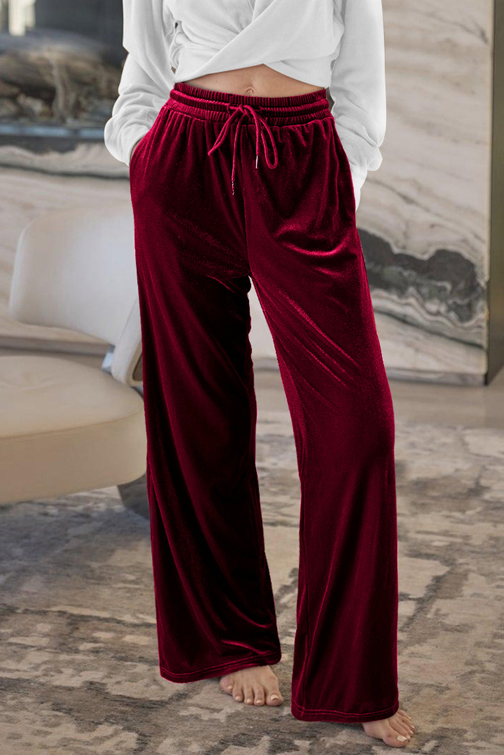 Burgundy wide leg pants with drawstring