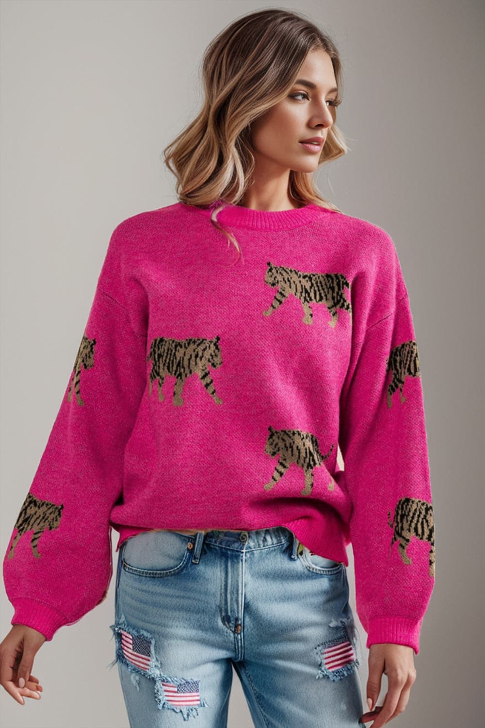 Tiger Pattern Round Neck Drop Shoulder Sweater.