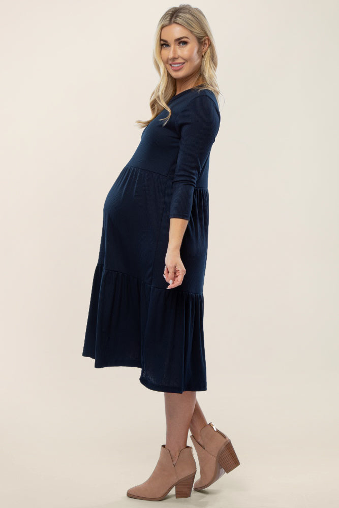 Navy Ribbed Tiered Maternity Midi Dress With Three Quarter Sleeves PinkBlush