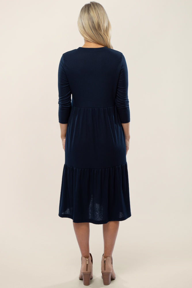 Navy Ribbed Tiered Maternity Midi Dress With Three Quarter Sleeves PinkBlush