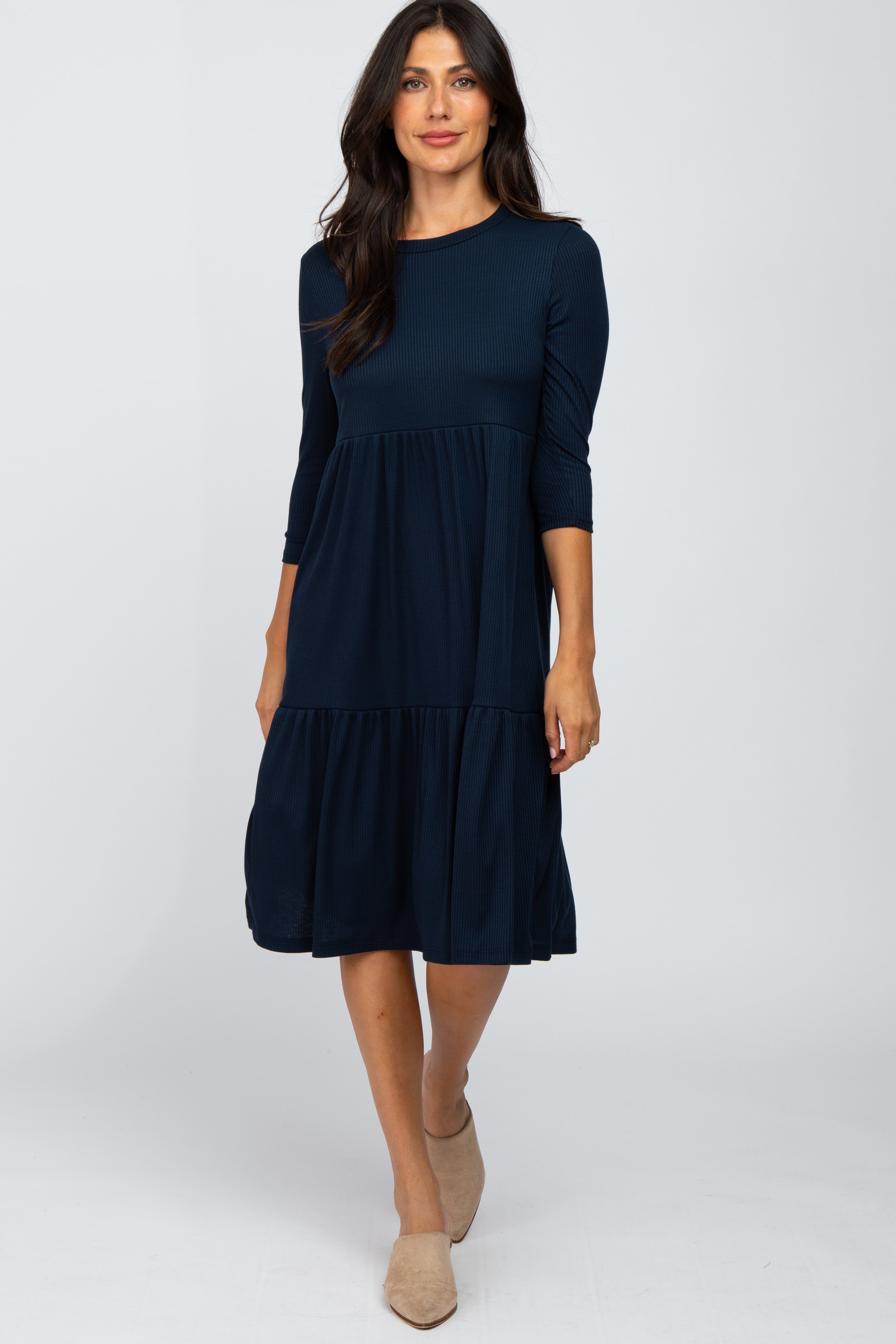 Navy Ribbed Tiered Maternity Midi Dress With Three Quarter Sleeves PinkBlush