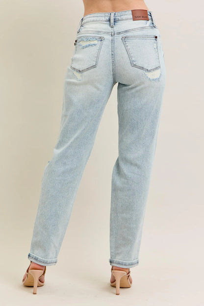 Judy Blue Plus Size Full Size Mr Repair Stitch Detail Destroyed Boyfriend Jeans - Love Salve 