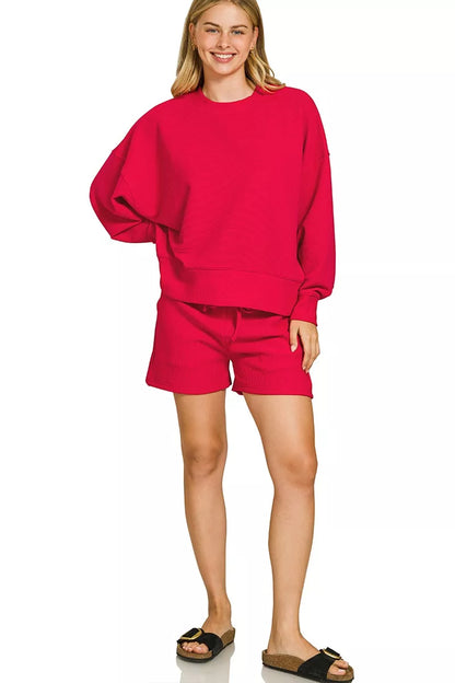 Zenana Ribbed Round Neck Pullover and Shorts Set