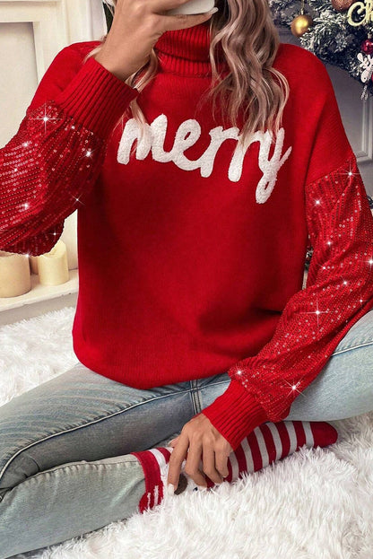 Festive Racing Red Sequin Sleeve Turtleneck Christmas Sweater