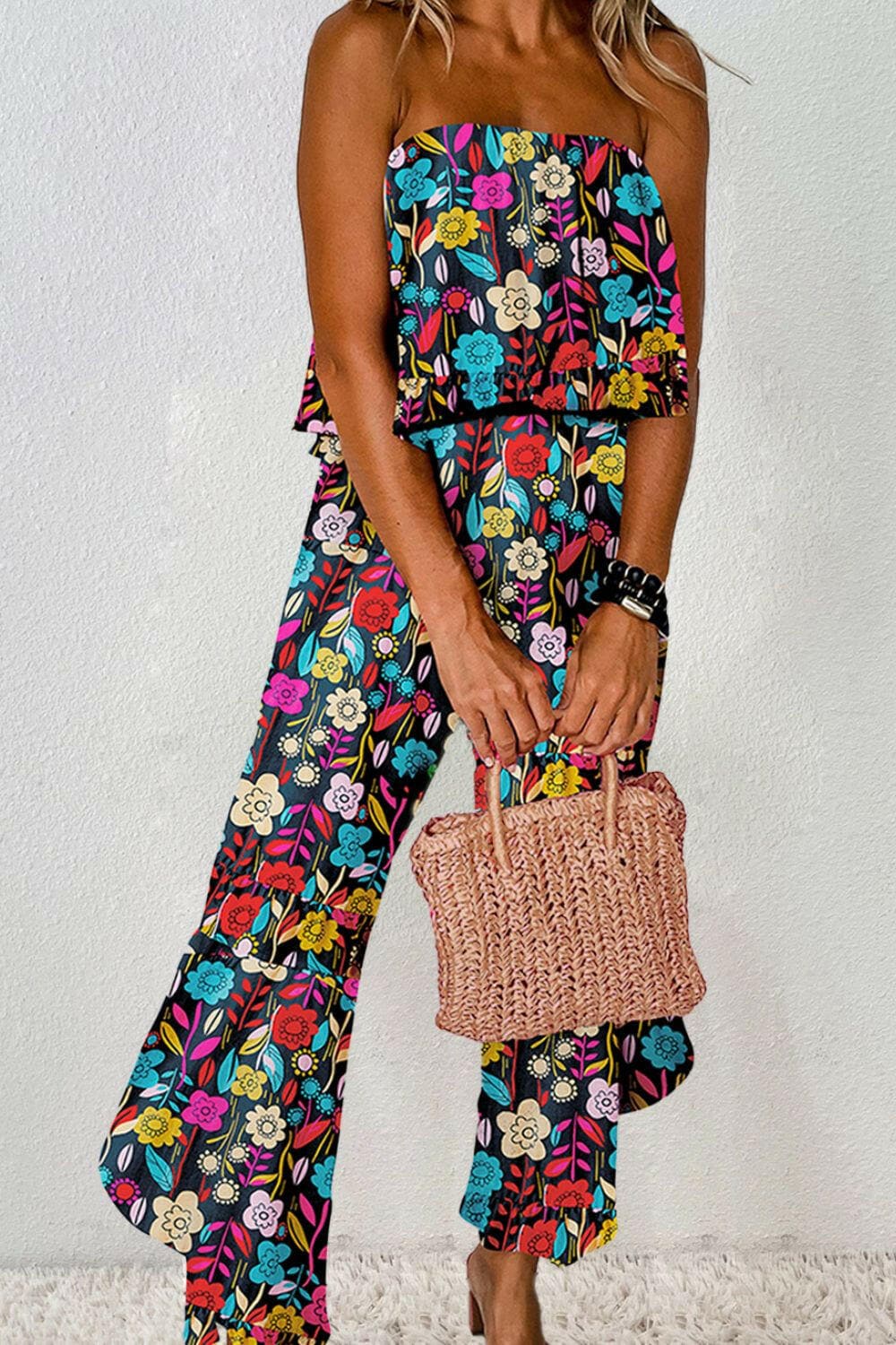 Printed Tube Wide Leg Jumpsuit.