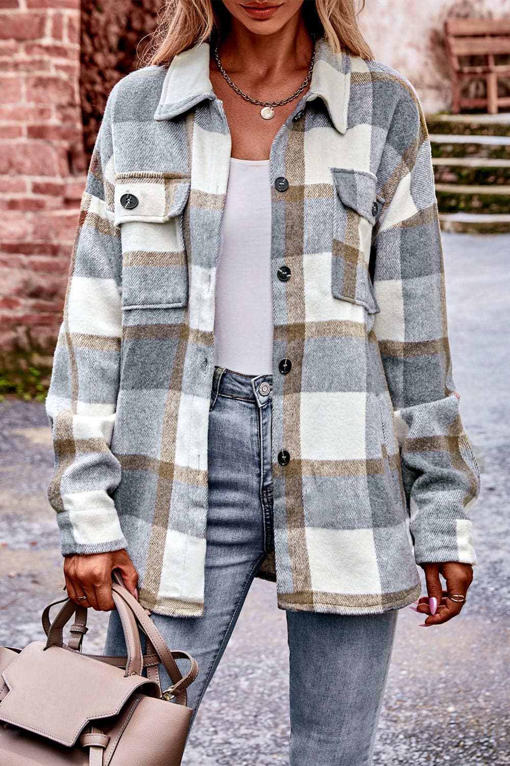 Plaid Long Sleeve Shirt Jacket with Pockets.