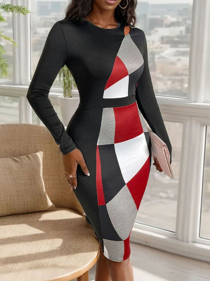 Cutout Color Block Round Neck Long Sleeve Dress.