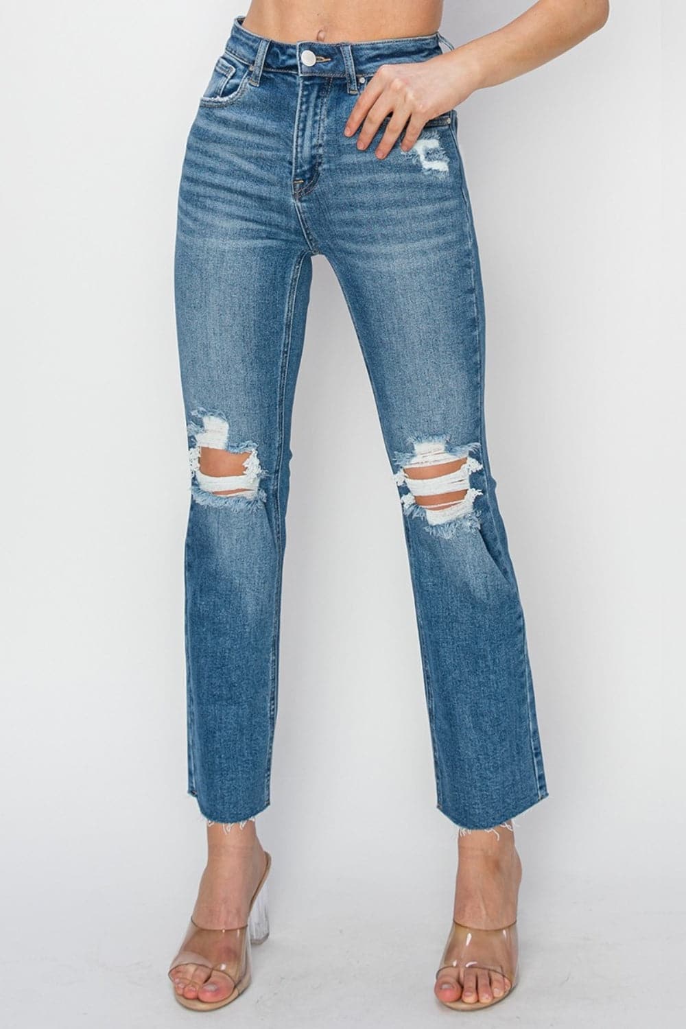 RISEN High Rise Distressed Ankle Jeans.