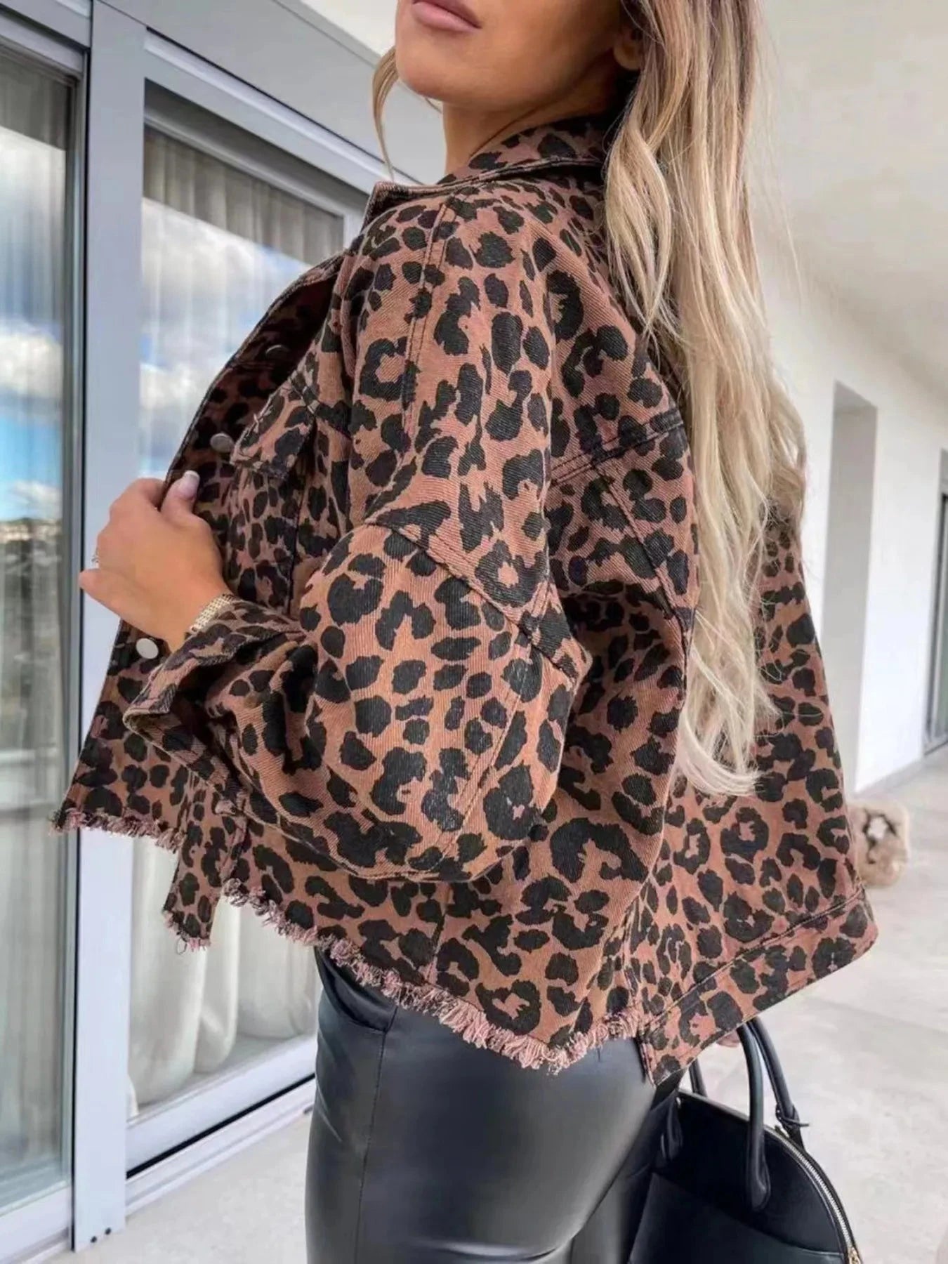 Leopard Print Raw Hem Denim Jacket Coco’s Tee Boutique