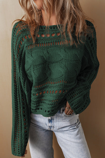 Chic blackish green cropped cable knit sweater with hollow-out design