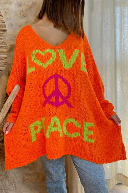 Peace Graphic V-Neck Long Sleeve Sweater.