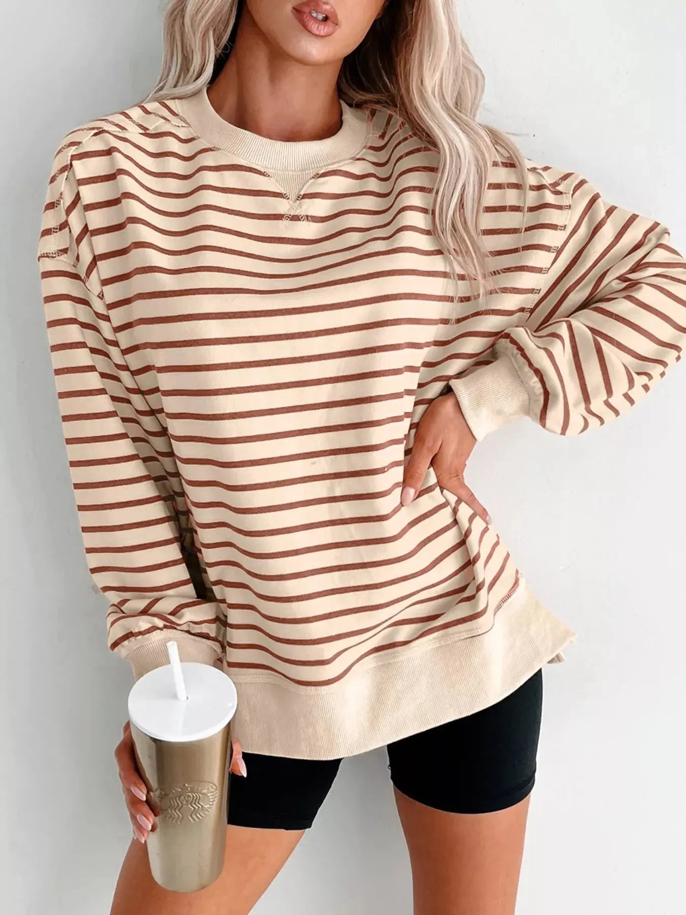 Striped Crew Neck Casual Sweatshirt Simply Love