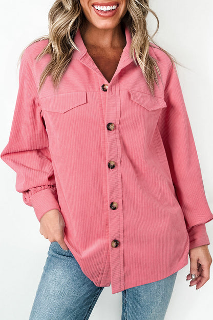 Chic corduroy flap detail button-up shacket for effortless style