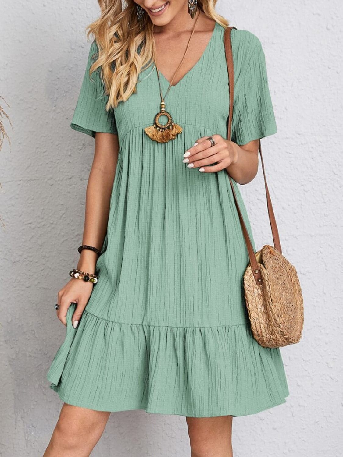 Full Size V-Neck Short Sleeve Dress.