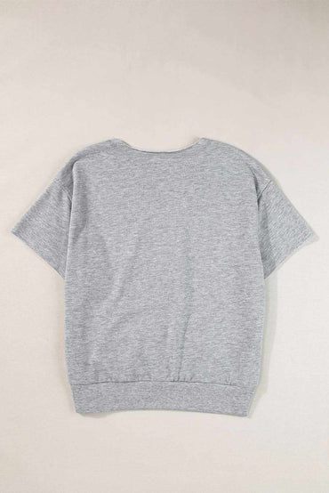 Light Grey USA Lettering Patch Notched Neck Loose Tee