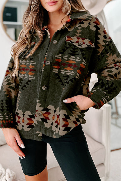 Chic green Aztec print long sleeve shacket with flap pockets