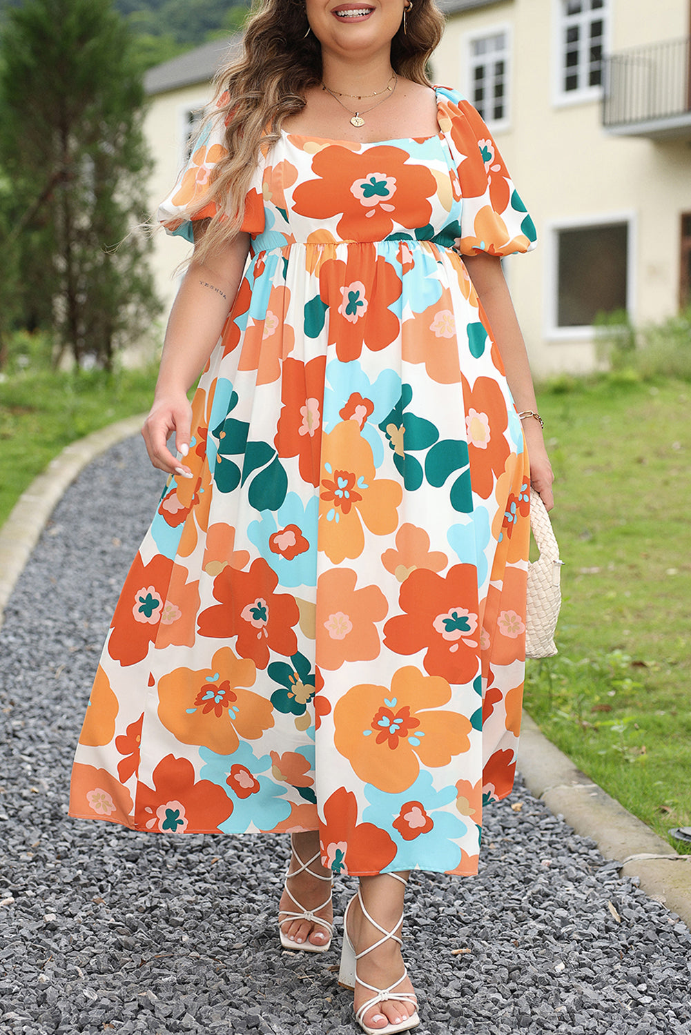 Charming orange floral print plus size maxi dress with shirred detailing