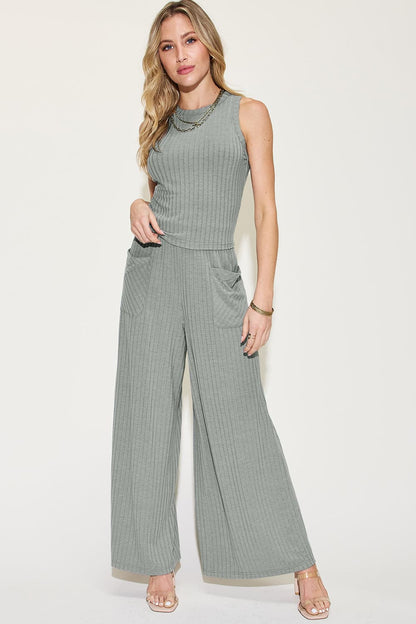 Basic Bae Full Size Ribbed Tank and Wide Leg Pants Set.