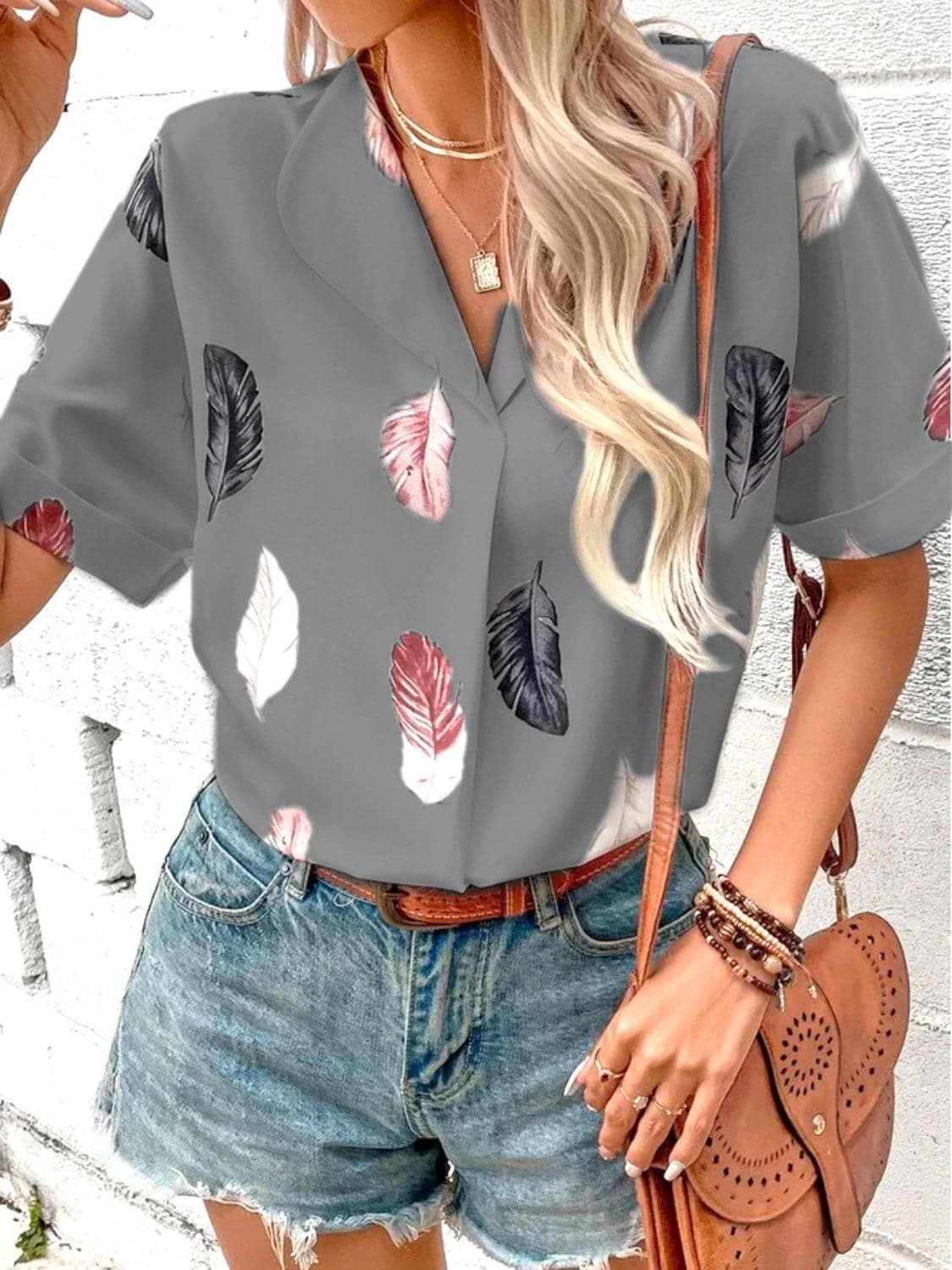 Full Size Printed Collared Neck Short Sleeve Blouse.