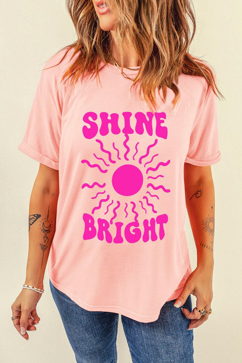 SHINE BRIGHT Round Neck Short Sleeve T-Shirt.