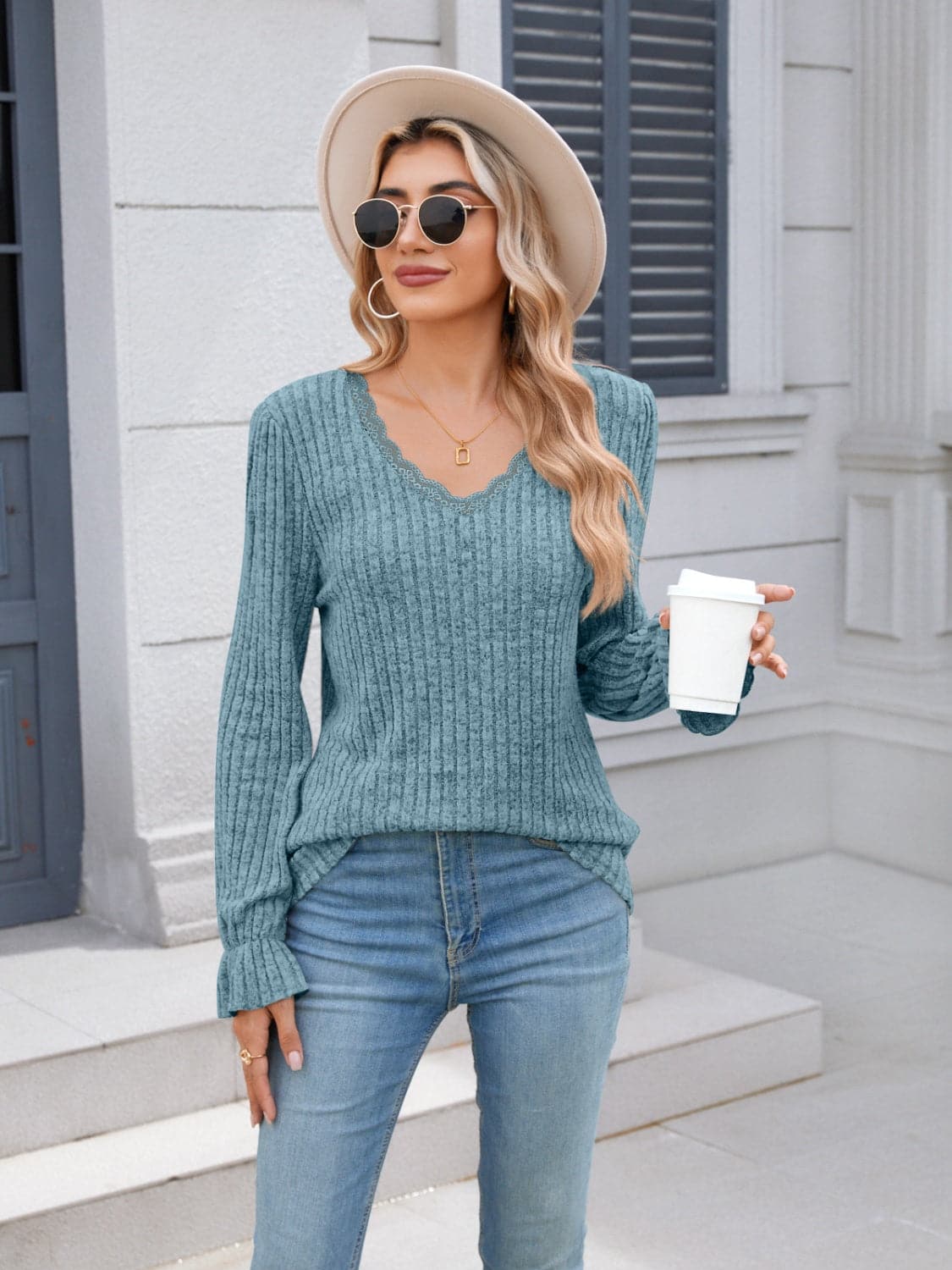 Lace v-neck long sleeve top