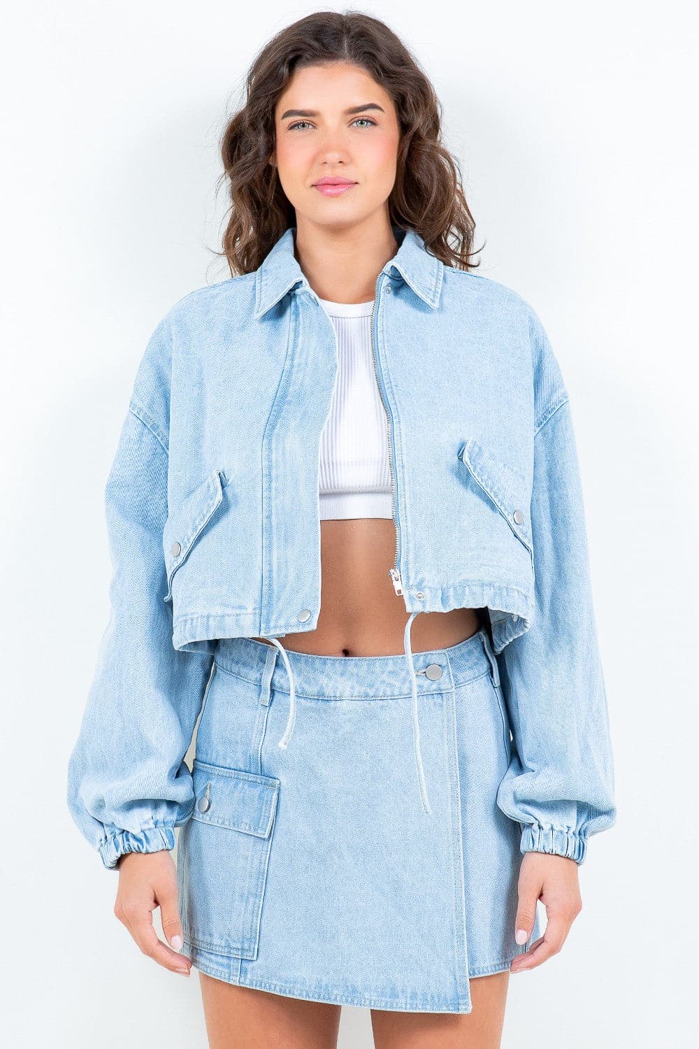 Cropped denim jacket with drawstring