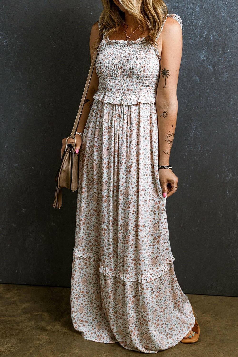 Ruffled Smocked Printed Sleeveless Maxi Dress.