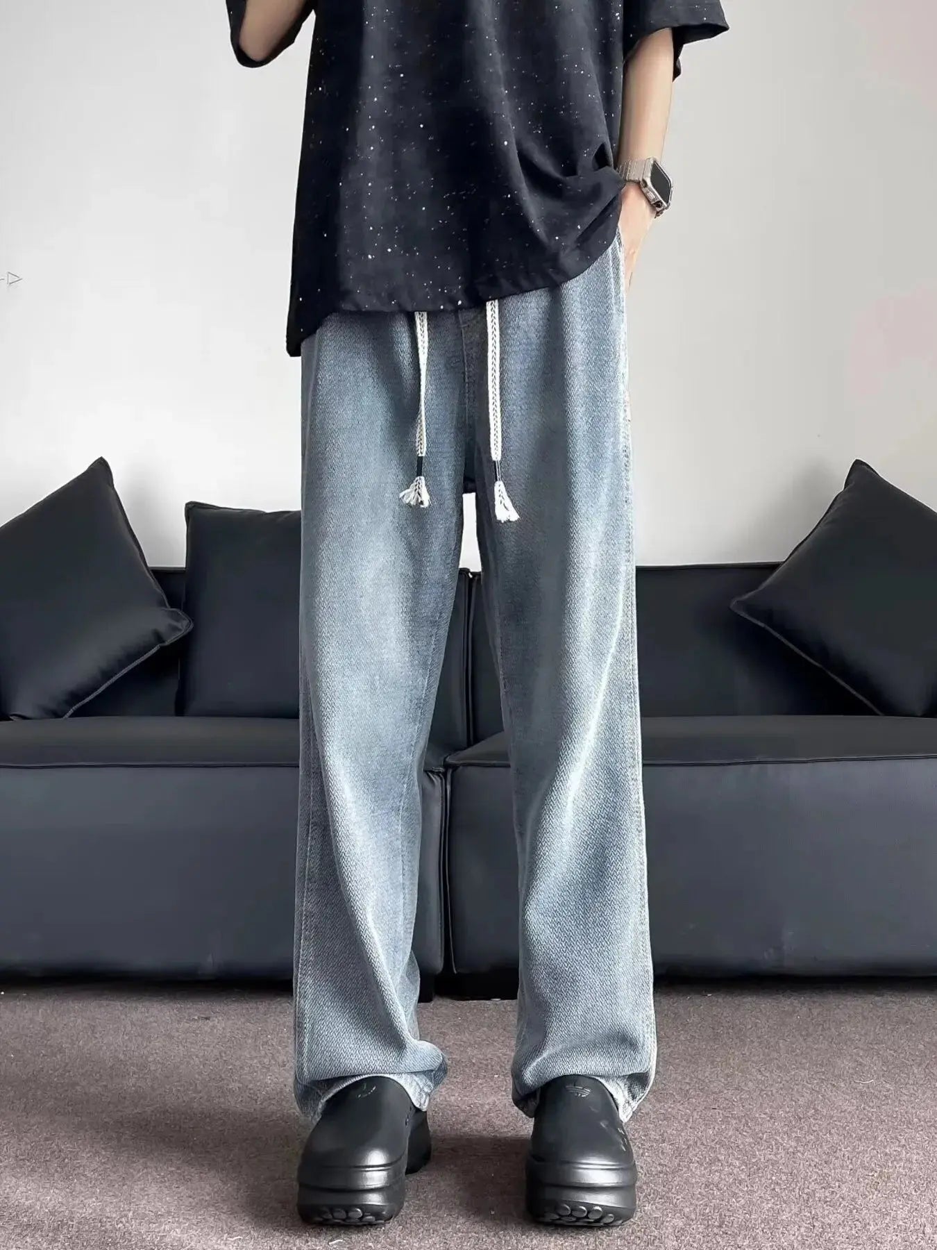 Men's Plus Size Drawstring Washed Wide Leg Jeans Simply Love