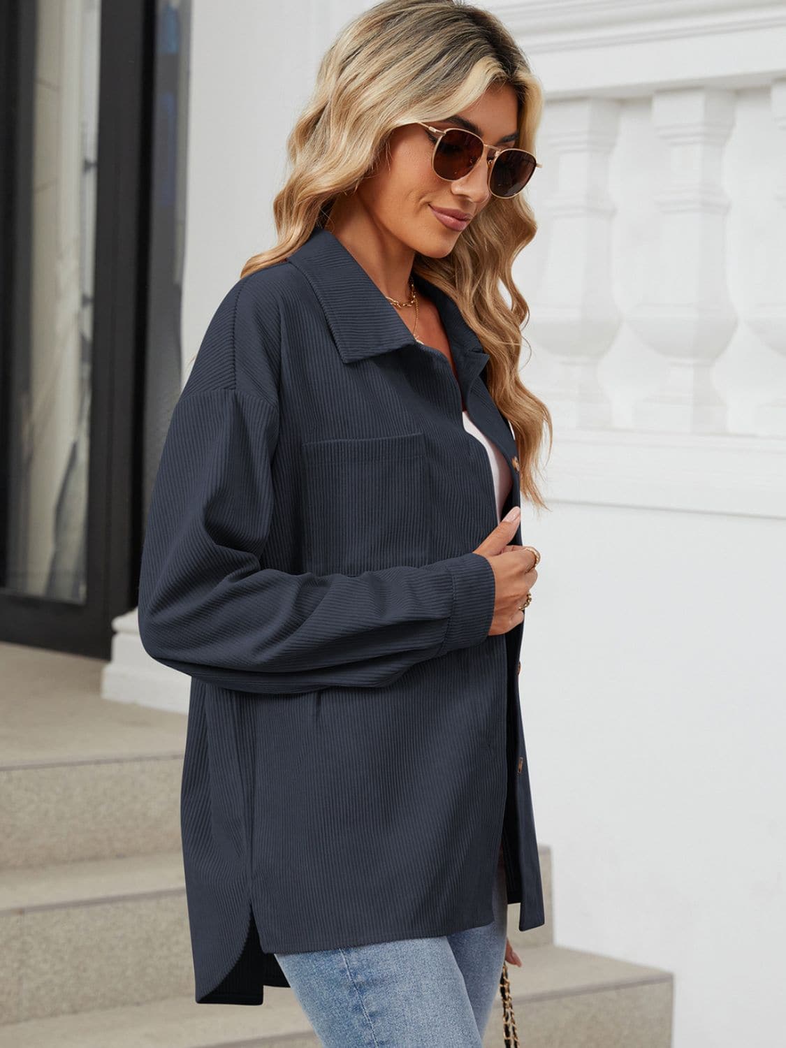 Chic Buttoned Long Sleeve Jacket with Dropped Shoulders