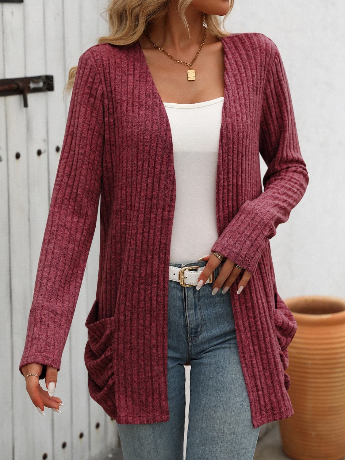 Open Front Long Sleeve Ribbed Cardigan.